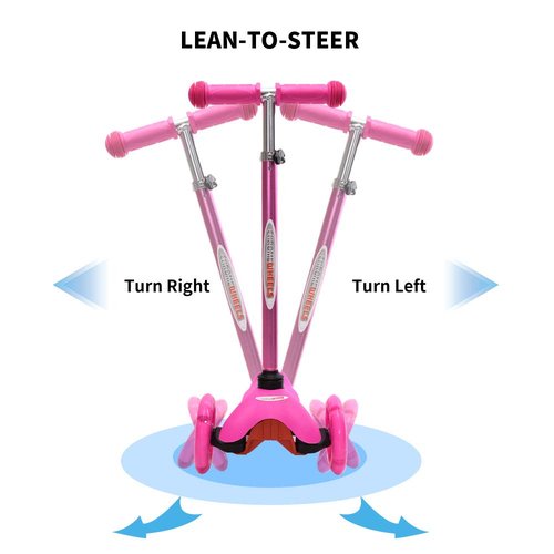 ChromeWheels Scooter for Kids, Deluxe 4 Adjustable Height 3 Wheels Glider with Kick, Lean to Steer with LED Flashing Light, Pink