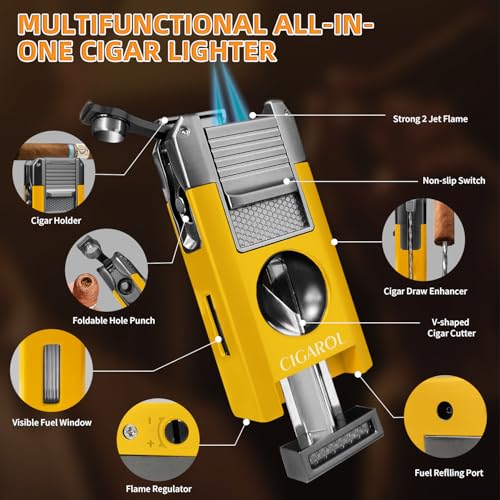 Cigarol 5-in-1 Torch Lighter with V-Cutter, Punch & Windproof Jet Flame (Yellow/Shabby Chic)