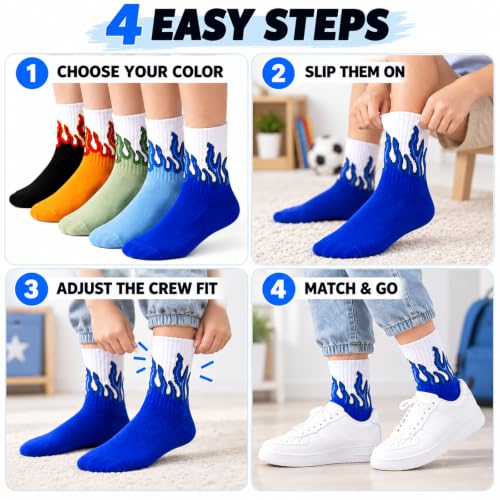 Kids Flame Socks 5 Pairs - Colorful Fire Pattern Crew Socks, 4-5 Years, Lirpazelyx