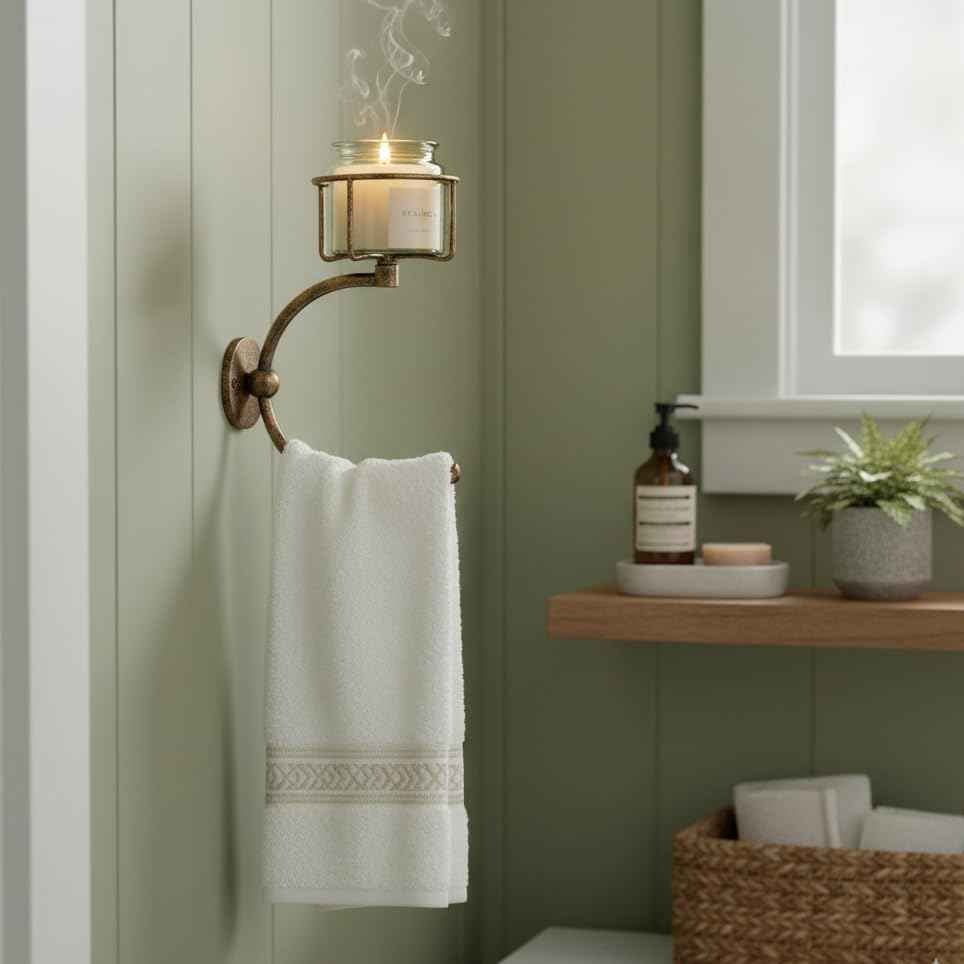 Remenna C-Shaped Towel Ring with Top Storage Basket – Unique Space-Saving Wall Mount Holder for Towels, Candles, Plants & Toiletries, Decorative Metal Accent for Bathroom or Kitchen