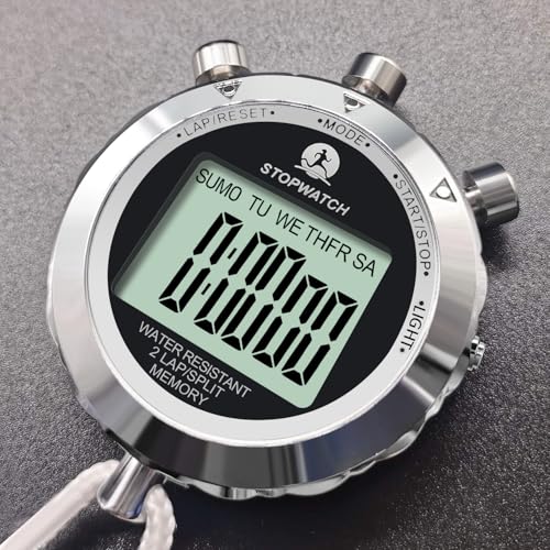 Metal Stopwatch with Backlight - 2 Lap Memory Timer for Sports