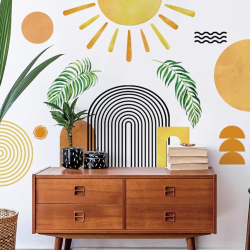 Creative Boho Half Sun Wall Decals Abstract Line Rainbow Wall Sticker DIY Removable Sun Minimalist Aesthetic Tropical Leaf Flowers Painting Decor for Kids Girls Bedroom Living Room Nursery Decoration