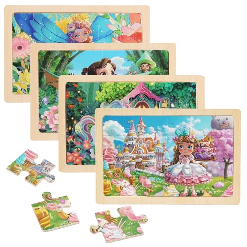 Wooden Puzzles for Kids - 4 Sets, 24 Pieces Each, Pink Princess Theme