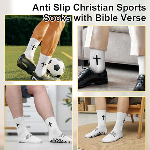 White 3:5 / 4 Christian Bible Verse Cross Print Socks - 4 Pairs, Anti-Slip Grip