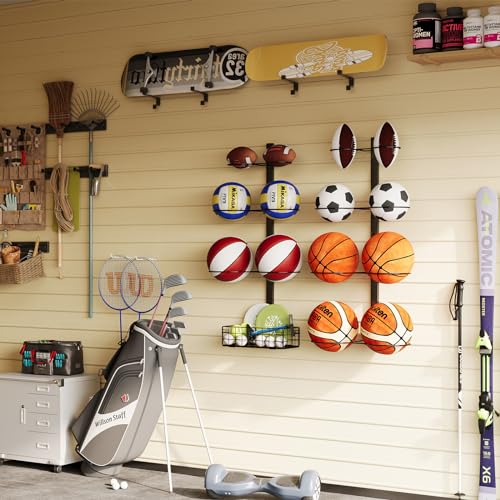 Height-Adjustable Wall-Mounted Basketball Rack for 14 Balls