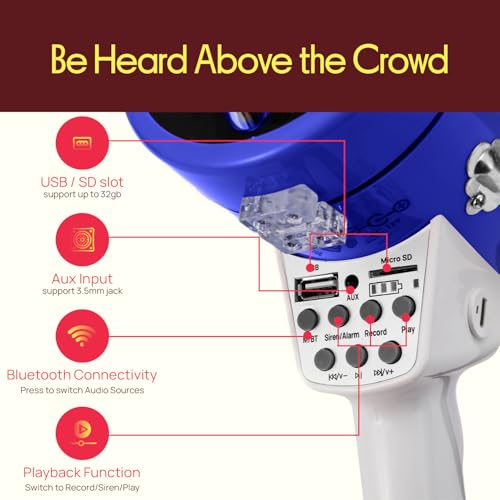 Blue Pyle 50W Portable Megaphone Bullhorn with Bluetooth & Recording