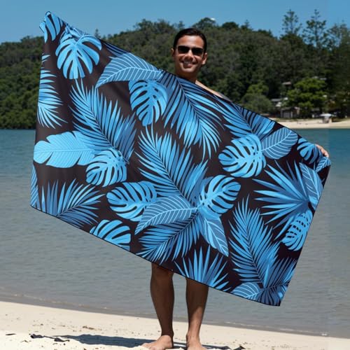Oversized Microfiber Beach Towel - Blue Black Palm Leaf, 71"x35"