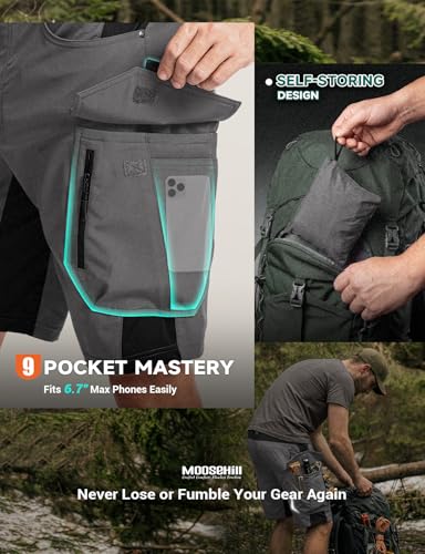Moosehill Men's Grey 34 Cargo Shorts - Quick Dry, 9 Pockets, Self-Storing Hiking Apparel