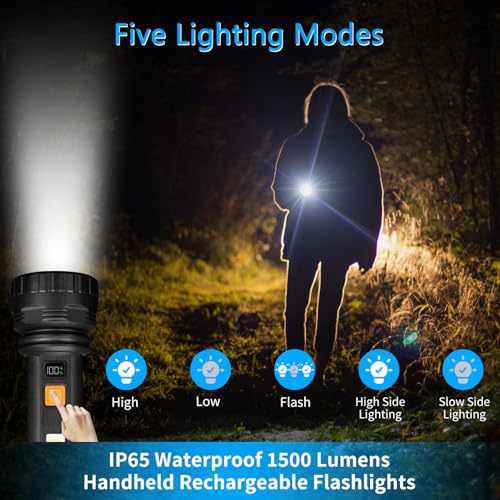 KERNOWO Solar Flashlights, 1500 Lumens Led Solar Powered Flashlight with Digital Display 2000mAh Battery Rechargeable Handheld IP65 Waterproof Flashlights for Survival Emergencies, 4 Pack