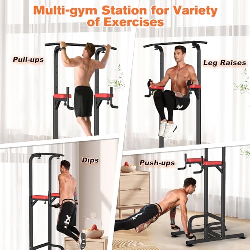 Free Standing Power Tower Pull Up Bar - Multi-Function Home Gym - Red