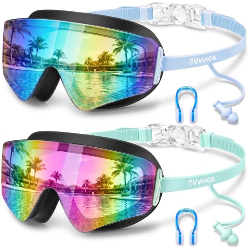 Vvinca Kids Swim Goggles 2 Pack Black & Blue + Black & Cyan with Earplugs, Wide View, Anti-Fog UV Protection, Adjustable Fit for Ages 3-14