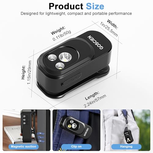 GOSCIEN Pro Rechargeable EDC Flashlight Clip-on Light 500 Lumens Clip Light with Three Lighting Solutions USB C Charging Magnetic IPX6 Waterproof Flashlight for Cycling, Outdoor and etc(Black)
