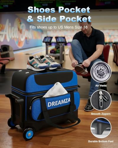 2 Ball Roller Bowling Bag with Wheels & Shoe Pocket - Blue