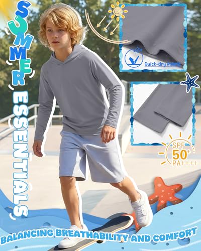 Boys Long Sleeve Rash Guard Hoodie UPF50+ - Gray, 7-8 Years