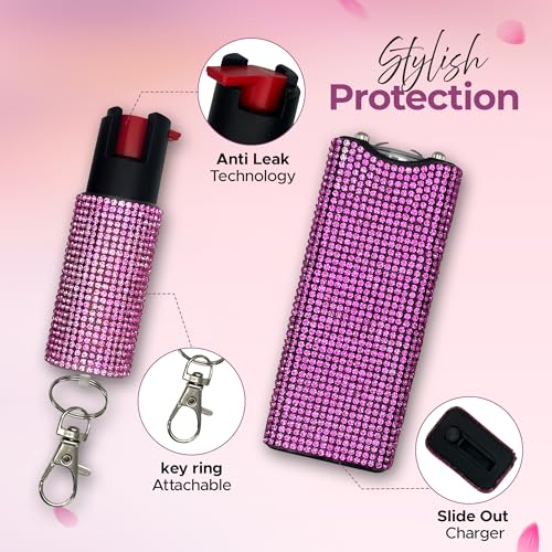 FURY Gem Stone Pepper Spray Stun Gun Combo ? Stylish Multi-Color, 12ft Range, UV Dye Identifier, Flashlight, Rechargeable, Self-Defense Kit, Personal Safety, Rhinestone casing