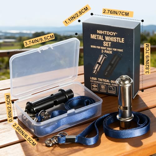 120dB Emergency Whistle Set - 2 Pack Solid Iron with Lanyards and Case