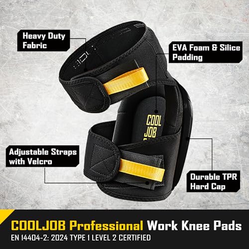 COOLJOB Professional Knee Pads with Heavy Duty Anti-Slip Cap, Comfortable Foam Cushion and Extra Thick Gel Padding for Construction Flooring, Reinforced & Adjustable Straps, Black