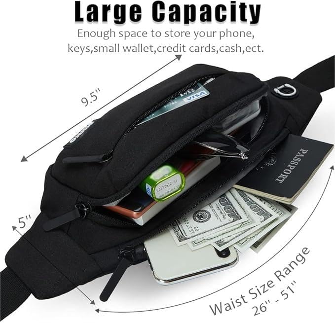 Large Black Crossbody Fanny Pack with 4 Zipper Pockets