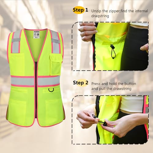 FATONE Women's ANSI Class 2 High-Vis Safety Vest with Reflective Strips, Zipper Pockets & Adjustable Waist - Yellow/Pink Construction Work Vest for Warehouse Personnel, Road Crews M