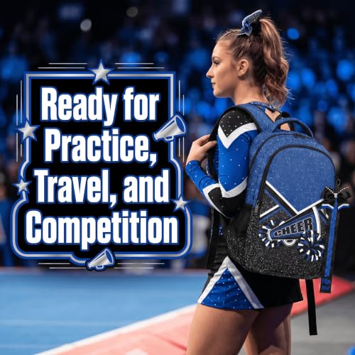QEUILO Blue Glitter Cheer Backpack with Bow Keychain for Women
