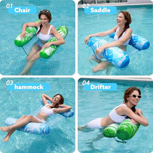 Sloosh Tropical Leaves Blue-Green 2-Pack Pool Float Hammocks for Adults, 4-in-1 Inflatable Water Lounge