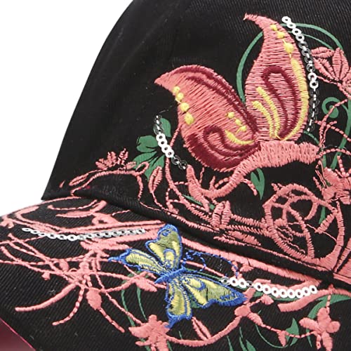 Women’s Adjustable Embroidery Butterfly Baseball Cap with Flower Print - Black, One Size