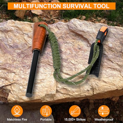 Survival Fire Starter Tool - Ferro Rod with Wooden Handle & Striker - Green