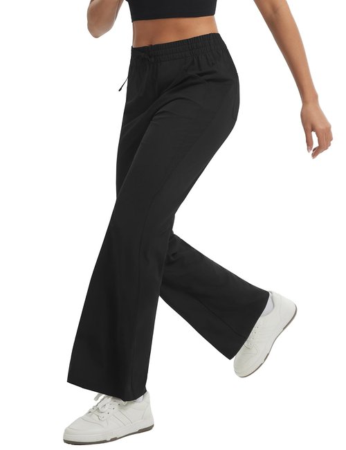 baleaf Women's Hiking Pants Lightweight Water Resistant Travel Flare Pants with Pockets Quick Dry Breathable Drawstring Waist Black L