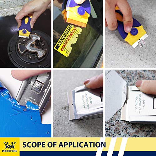 MANUFORE Portable Multi-Purpose Razor Blade Scraper for Cleaning Glass, Stove-top, Window, Floor(2 Scrapers, 5 Plastic Blades, 5 Stainless Steel Blades)