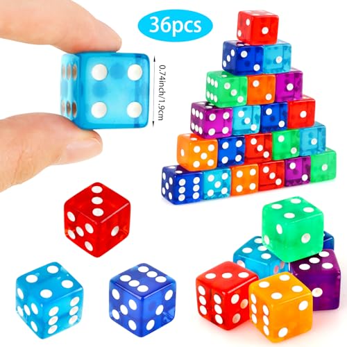 36 Piece Casino Dice Set - 19mm Acrylic Colored Dice (Red, Blue, Purple, Green, Orange)