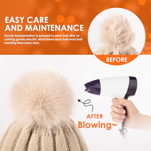 Women's Winter Beanie Hat, Fleece Lined Knit Cap with Faux Fur Pom Pom - Lightgrey