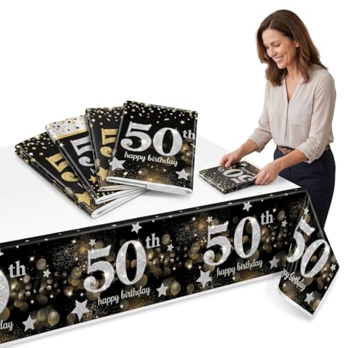 50th Birthday Tablecloths - Black & Gold, 4 Pack, 54" x 108"