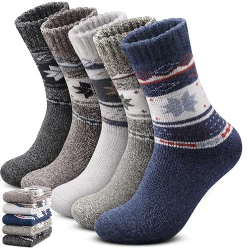 Merino Wool Hiking Socks - Thermal Warm Crew, 5 Pairs - Multicolor