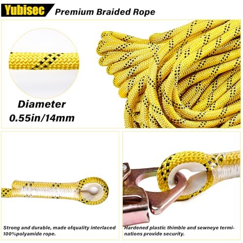 Rope Harness Safety Lanyard 25FT, Vertical Lifeline Assembly with Grab Snap Hooks Shock Absorber, Fall Protection Tree Climbing Lifeline Kit, Heavy Duty Roof Safety Equipment ANSI CE