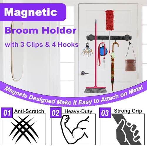 Magnetic Mop Broom Holder, Heavy Duty Magnetic Mop Hanger with Swivel Hooks for Cleaning Tools, Strong Magnet Mount Tool Hanger Organize System Utility Rack for Refrigerators Laundry Garage Kitchen