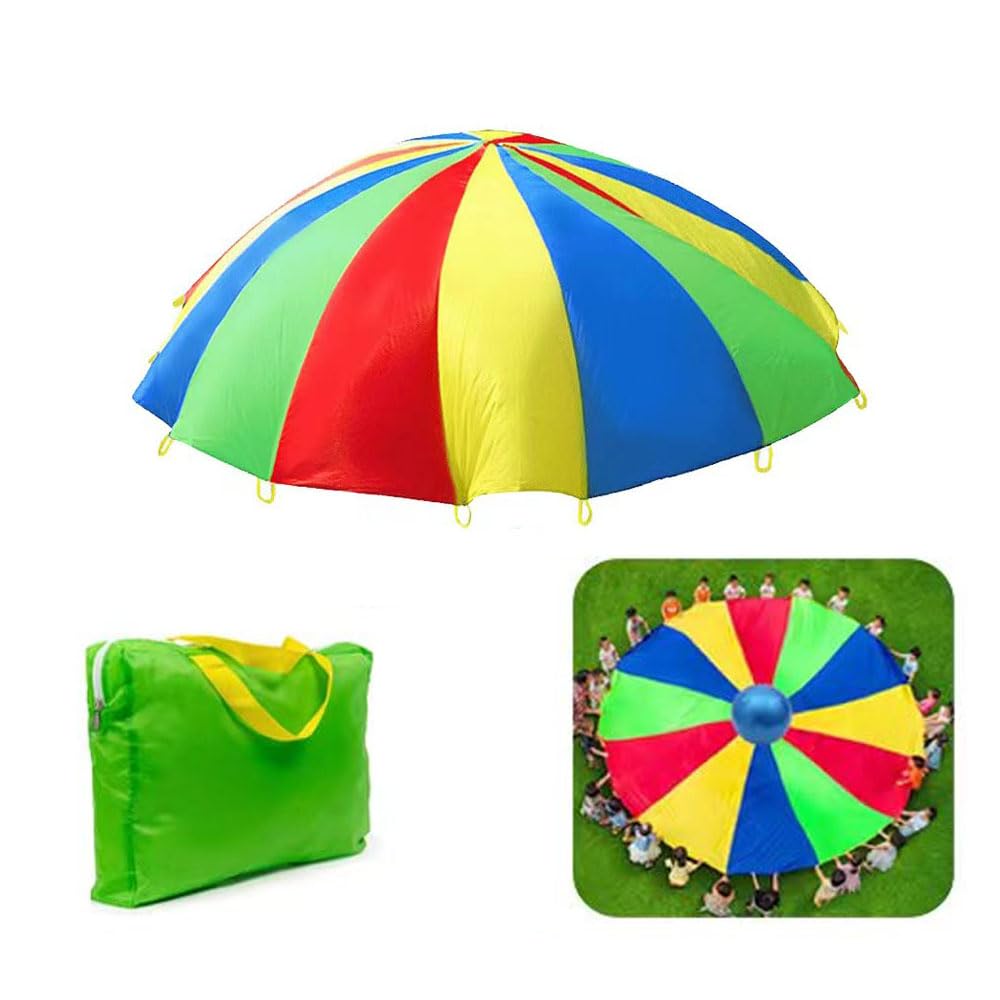 Parachute with Handles 8ft 10ft 12ft Play Parachute Games for Outdoor Team Games,waterproof reinforced suture,You Can Also Use it for Trampoline Cover Picnic Mat ,sport equipment (12 feet 12 hands)