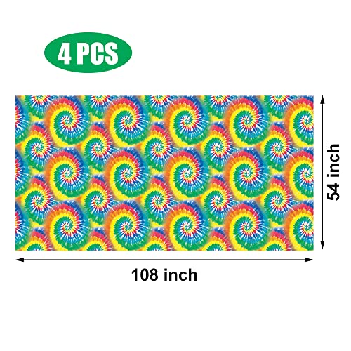 Augisteen 4-Pack Rainbow Tie-Dye Plastic Tablecloths 54x108 Inches for 60s Hippie Party