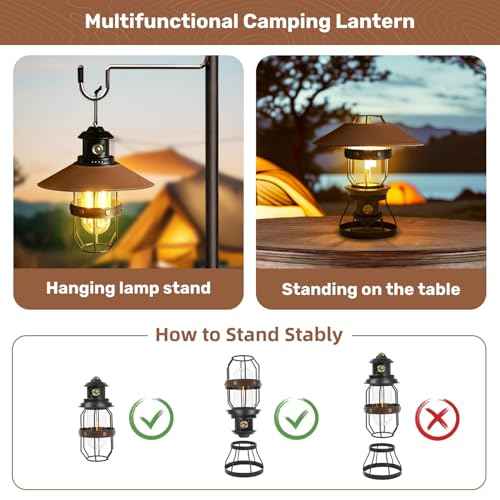 Metal LED Retro Camping Lantern, 2-in-1 Hanging/Standing, Dimmable, 3500mAh Rechargeable, Water Resistant, Brown