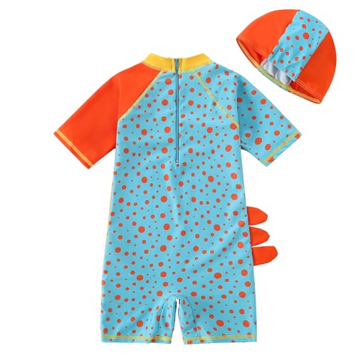 Boys One Piece Swimsuit - Toddler Rash Guard with Hat - 4-5T Orange Dinosaur