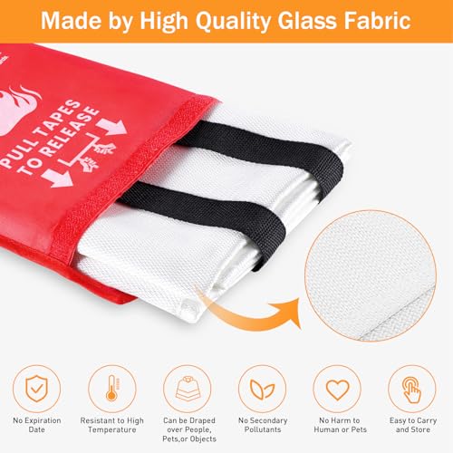 Fire Blanket for Home & Kitchen - Fiberglass Emergency Blanket, 2 Pack, 39 x 39 in - Red