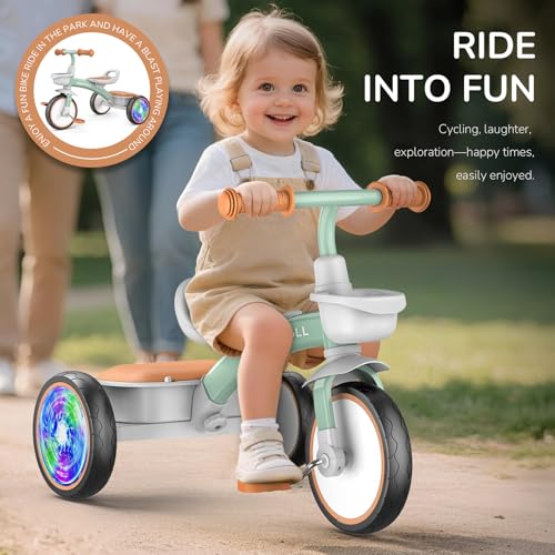 Toddler Tricycle with Glow Wheels & Storage Baskets - Green