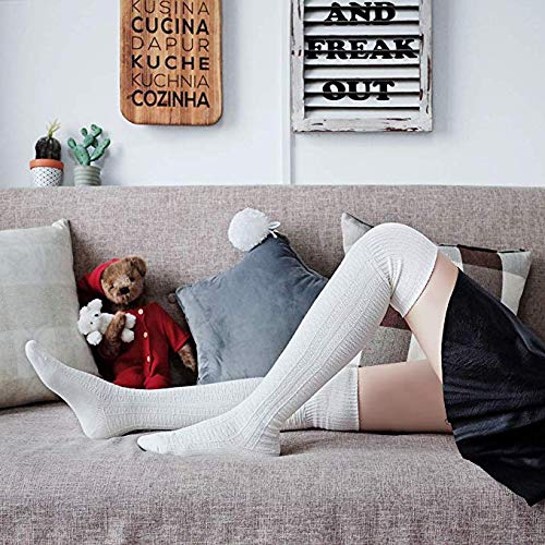Thigh High Socks for Women - Striped Over Knee High Stockings - Pure White