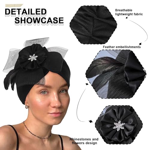 Bohend 3Pcs Women's Turban Beanie Caps with Pearls Rhinestones Feathers