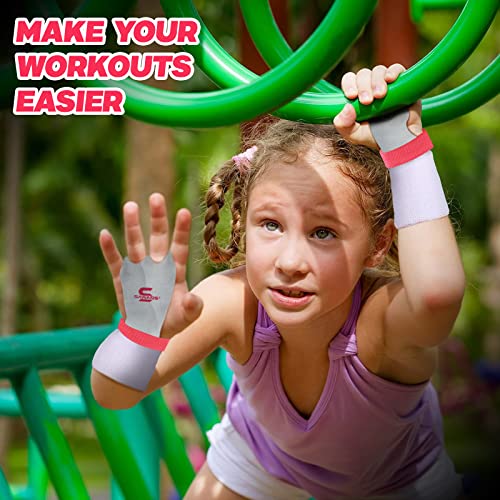 Leather Palm Hand Grips for Kids - Gymnastics & Weightlifting - Small/Pink White