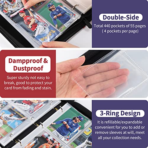 GEAGMAGC Baseball Card Binder 440-Pocket Trading Card Holder with Sleeves - 2.5x3.5 Cards, Water-Resistant PU Leather, 55 Sleeve Capacity