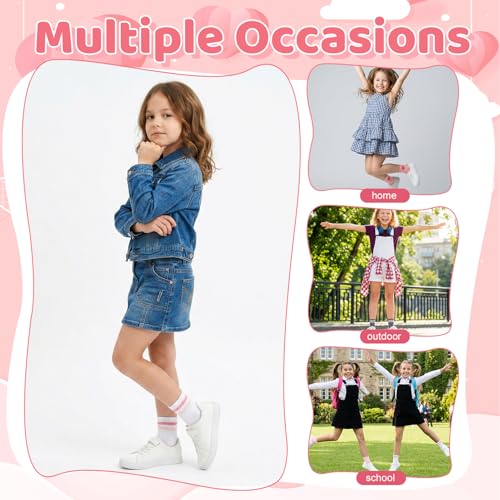 Girls Cotton Crew Socks Set - 6 Pairs with Striped Heart & Bow Patterns - Ages 6-8, Pink White Gray