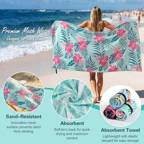 Oversized Beach Towel - 35x72" Quick-Dry Light Teal Pink Floral