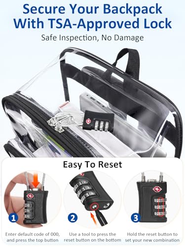 Flowston Black Large Clear Backpack with TSA Lock - 18” Extra Large Bookbag