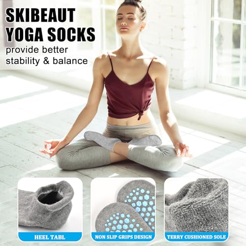 Non-Slip Gripper Socks for Women - 4 Pairs, Size 5-12 - Black, Gray, Pink, Purple