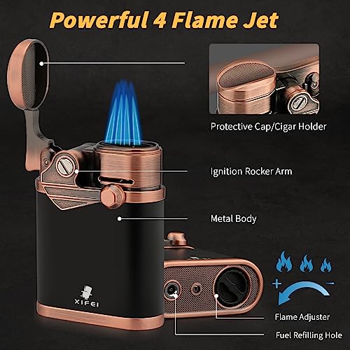 XIFEI Cigar Lighter 4 Jet Flame Torch with Holder, Windproof Rocker